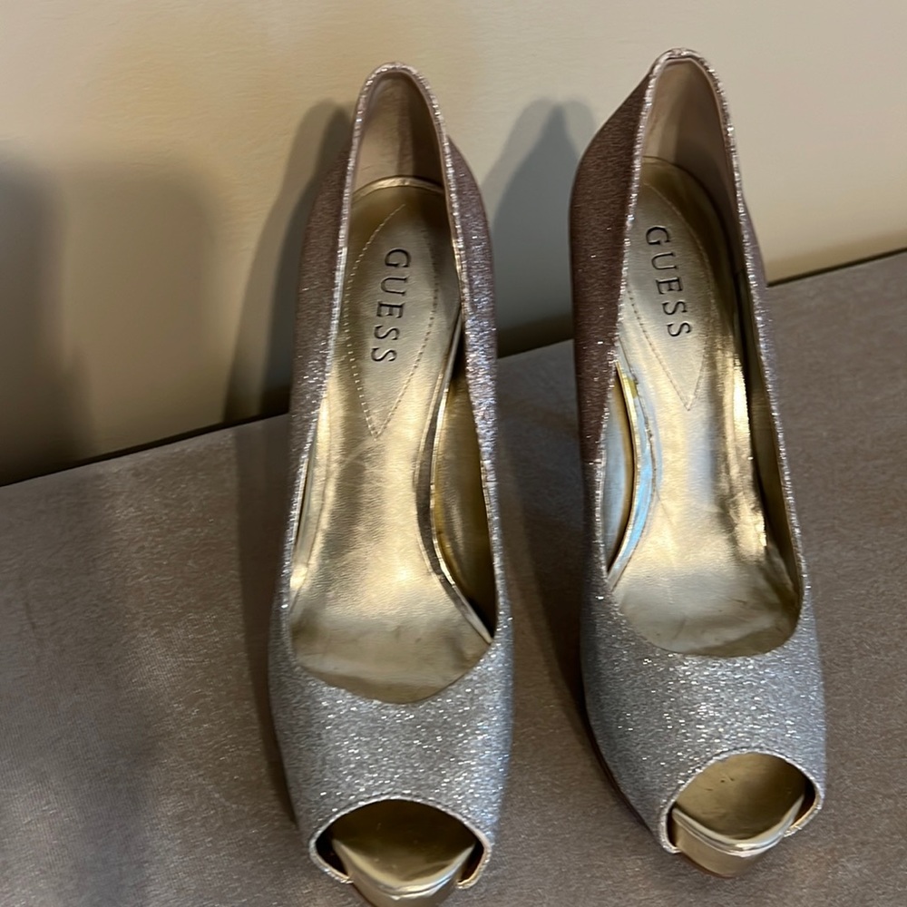 Gold and silver peep toe heels